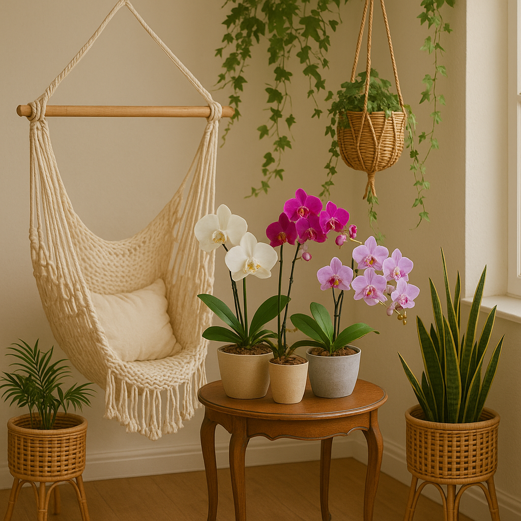 A dreamy boho-style reading corner with a macramé hammock, hanging ivy, rattan planters, and a cluster of blooming orchids on a vintage side table.